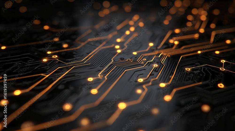 Poster close-up showcases a futuristic circuit board, highlighting glowing lines and nodes that symbolize t