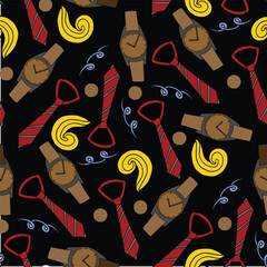 Obraz premium Stylish Pattern of Watches, Ties, and Decorative Elements on dark Background