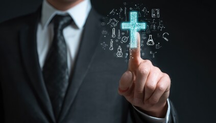 Businessman touches a glowing cross overlaid with scientific icons
