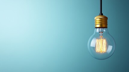 Illuminated vintage light bulb against a light teal backdrop.