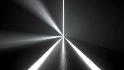 Abstract, radiant beams converge on a dark path