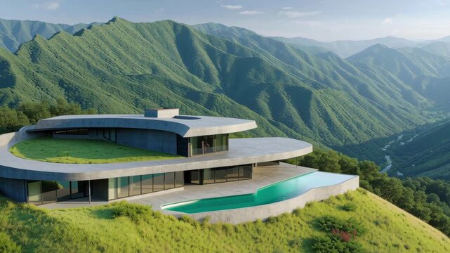 Luxury modern architecture design harmonizes stunning house with nature and mountains, showcasing zero trust architecture in 5G technology landscape