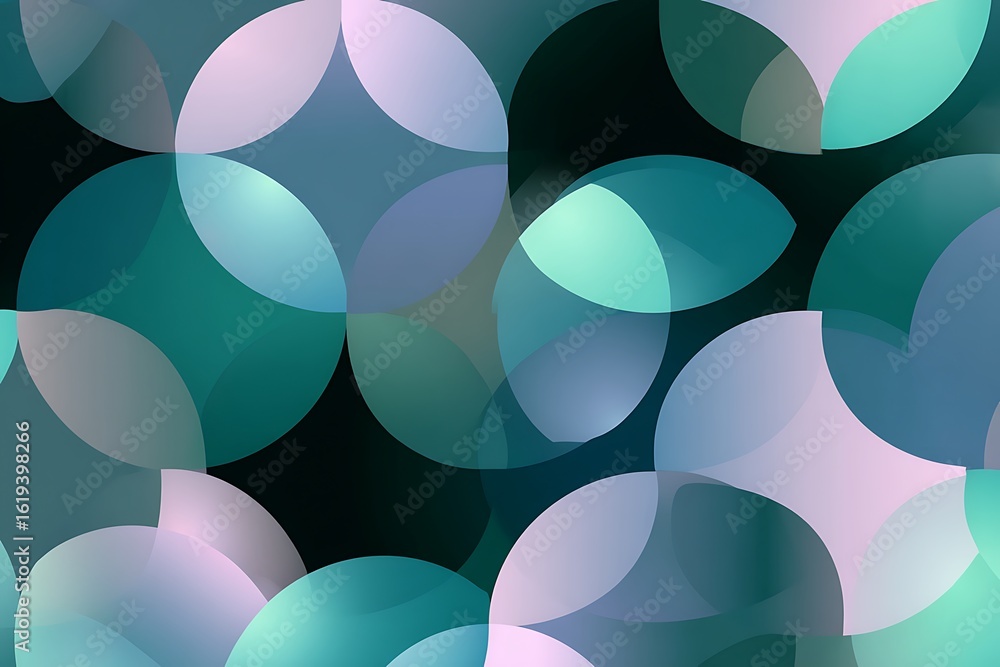 Poster abstract geometric pattern with overlapping translucent circles in shades of teal pink and purple cr