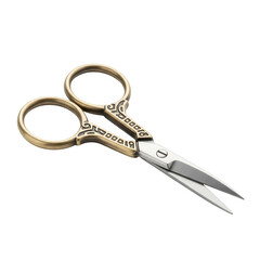 Detailed view of ornate gold scissors isolated on transparent background