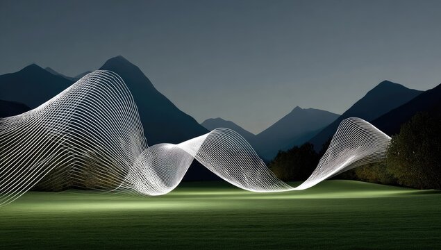 Light trails dance across a tranquil meadow, winding through a mountainous landscape at twilight