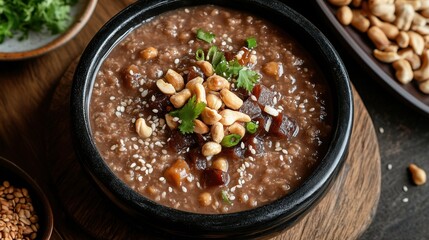 Close-up of black bowl with rice porridge, cashew nuts and sesame seed. Showcase the art of Asian cuisine, perfect for recipe blogs or restaurant menus.