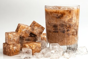 Iced coffee drink with brown ice cubes and crystal ice on white background. Use it to promote drinks, coffee shops, or summer refreshment concepts.