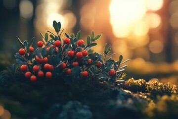 Red berries with green leaves grow on moss, lit by golden light. Perfect for nature themes, healthy eating, or seasonal design.