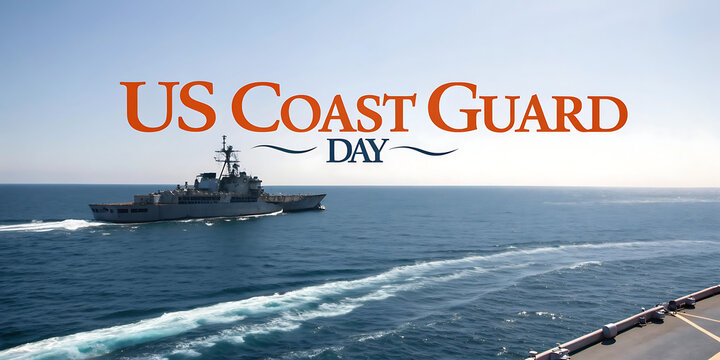 Us coast guard day celebration with a large cutter sailing on the ocean under a bright sky commemorating maritime service and national defense