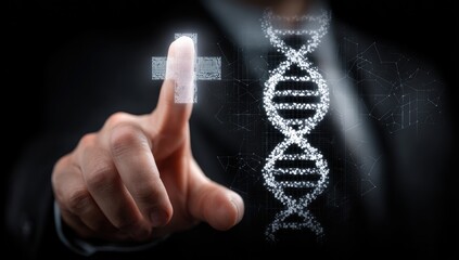Hand touching a DNA double helix overlaid on a dark background