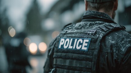 A police officer stands in the snow, wearing a tactical vest with "POLICE" prominently displayed on the back, set against a blurred, rainy urban background.