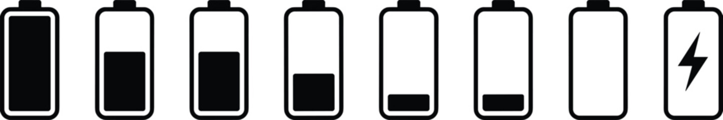 Flat vector illustration of battery charge level icons, energy status symbols, full to empty power indicator, minimal black line design
