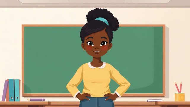 Smiling young female teacher standing near chalkboard in classroom, concept of learning and preparing for lesson, cartoon vector style