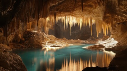 Illuminated cave interior with blue water and hanging stalactites formations. Great for travel, nature, or geological themed designs and presentations.