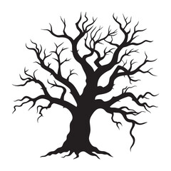 Silhouette of a large bare gnarled oak tree