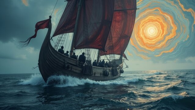 Colorful sailboat vortex scene