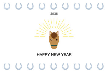 馬の顔と蹄鉄のラインの2026年賀状デザイン