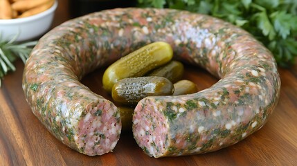 Obraz premium Ring-shaped sausage with herbs and pickles.