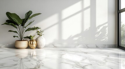 Plants in vases sit against a white wall, sunlight streams through window. Use for backgrounds, showcasing products, and architectural presentations.