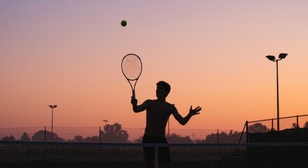 Silhouette of Tennis Player Tossing Ball at Sunset on Court with Net and Lights