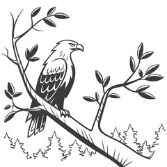 Majestic eagle perched on a branch overlooking a forest scene