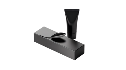 Black cosmetic bottle with cap and box on white background

