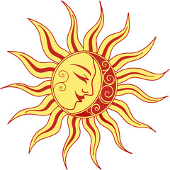 Stylized sun and moon face with red and yellow rays and decorative swirls