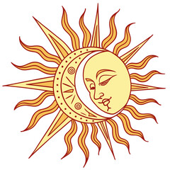 Stylized sun and moon with faces and wavy rays in warm yellow and red colors