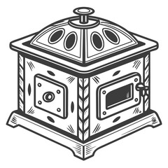 Vintage wood burning stove with oven door and decorative elements in a stylized drawing