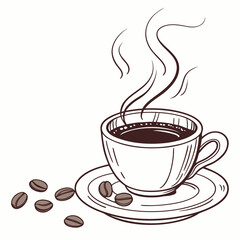 Hand drawn illustration of a steaming cup of coffee with scattered coffee beans on a white background