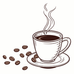 Steaming cup of coffee with scattered roasted coffee beans on a saucer