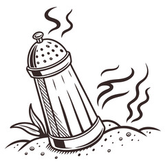 Stylized black and white illustration of a salt shaker with steam rising from its perforated top