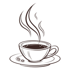 A simple line drawing of a steaming cup of hot coffee on a saucer with coffee beans
