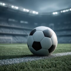 Obraz premium Soccer ball on field in stadium with blurred background for sports events or ads