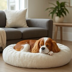 A peaceful Cavalier King Charles Spaniel sleeps soundly in a cozy white dog bed, embodying comfort and tranquility in a modern living room