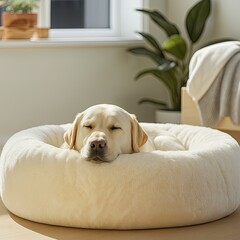 Labrador retriever peacefully sleeping in a cozy round dog bed in a bright modern home interior
