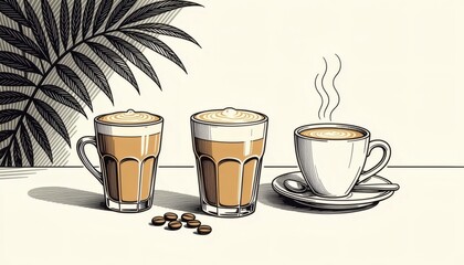 Three steaming cups of delicious coffee in a calm setting. The cups, with a delicate design, sit in a tranquil and inviting spot. The overall ambiance is peaceful and perfect for relaxation. 