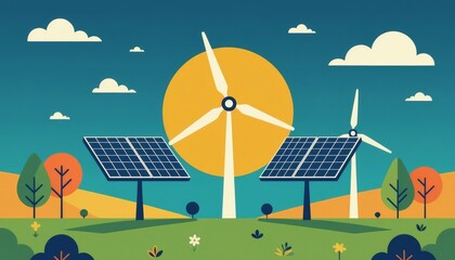 sustainable energy symbols, wind turbine, solar panel icons, flat minimal style