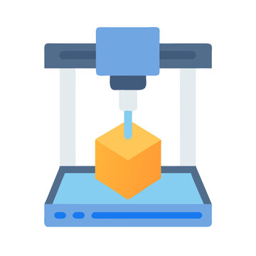 3D printer creating a cube in flat vector design