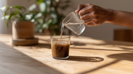 Person pouring hot water into a glass to make instant coffee in the morning sunlight