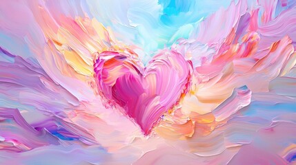 Abstract Painting of Colorful Heart Surrounded by Soft Pastel Floral Background in Art Style
