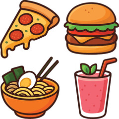 Cartoon Food Icons Pizza Burger Ramen and Smoothie on a White Background