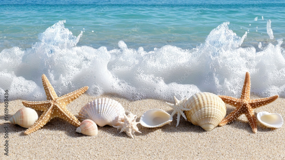 Poster beautiful beach scene with shells and starfish on soft sand surrounded by gentle ocean waves for sum