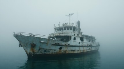 Abandoned rusty ship in a thick fog.