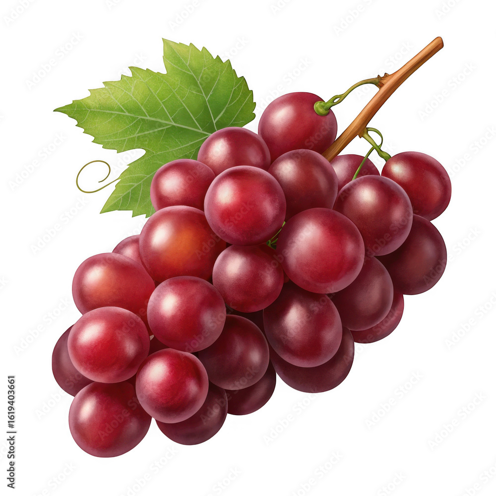 Poster 3d red grapes with leaf and stem isolated on transparent background