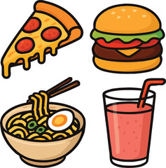 Cartoon Food Icons Pizza Burger Ramen and Smoothie on White Background