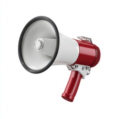 High-quality 3D rendering of a classic megaphone with red handle and white cone, isolated with clipping path 