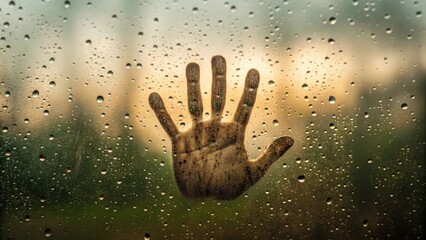 Handprint on a rainy window with blurred background