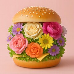 An imaginative burger filled with colorful roses and foliage