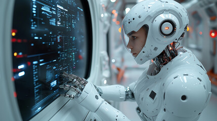 Advanced humanoid robot interacting with industrial machinery